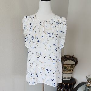 KAARI Blue Floral Ruffle Sleeve Top - White and Blue